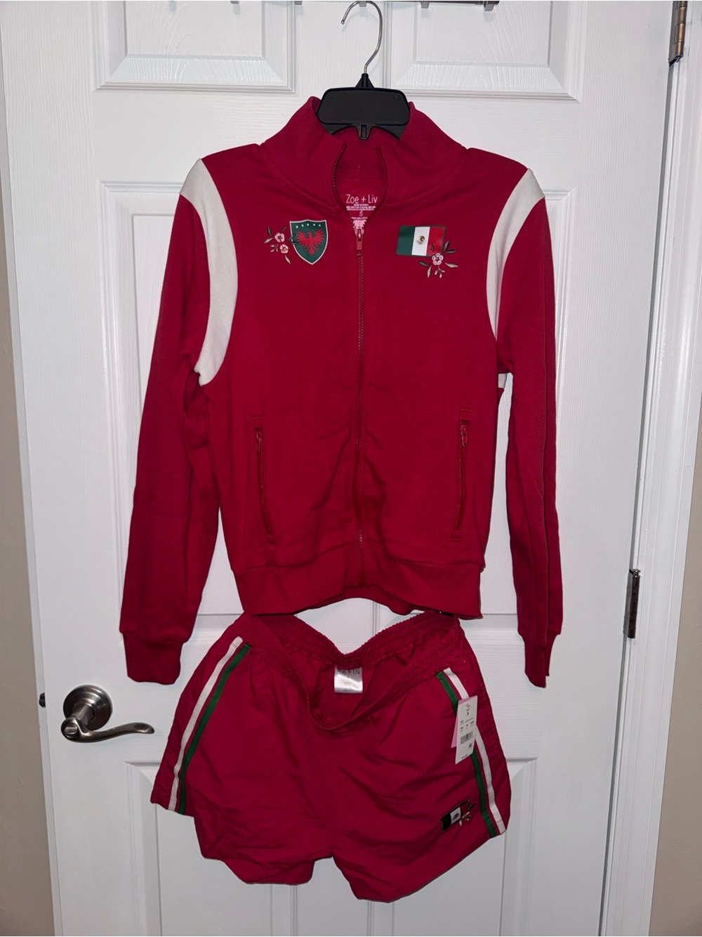 Zoe + Liv Red Track Jacket and Shorts Set with White Accents